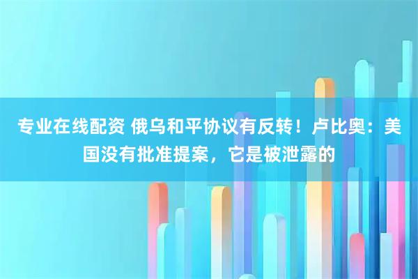 专业在线配资 俄乌和平协议有反转！卢比奥：美国没有批准提案，它是被泄露的